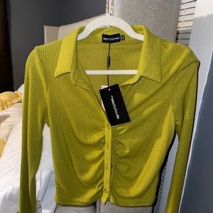 Chartreuse brushed rib ruched long sleeve